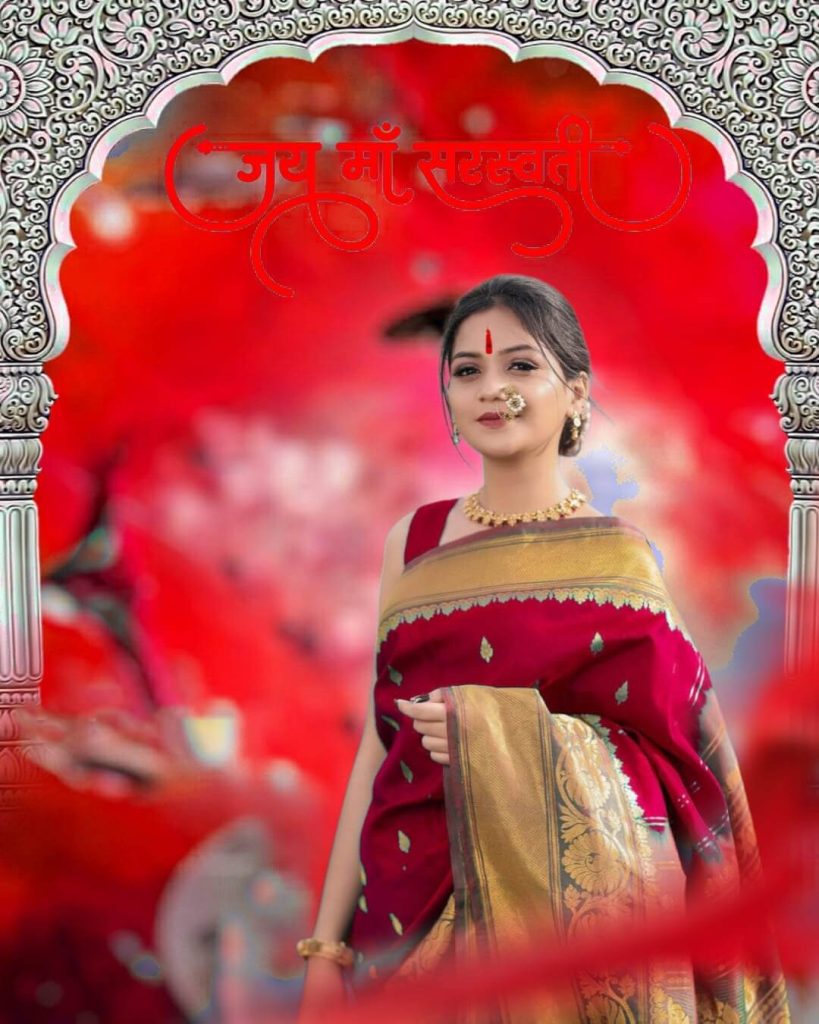 Jai Maa Saraswati Photo Editing Red CB Background Free Download with Cute Puja Girls